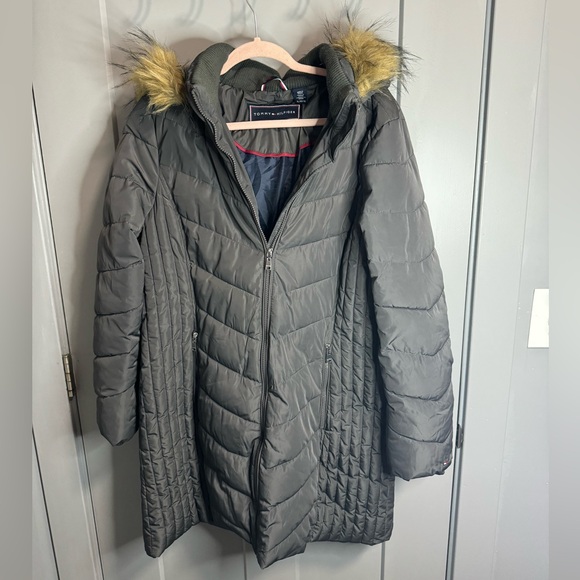Gray Tommy Hilfiger Parka with Faux Fur Hood - Picture 1 of 4